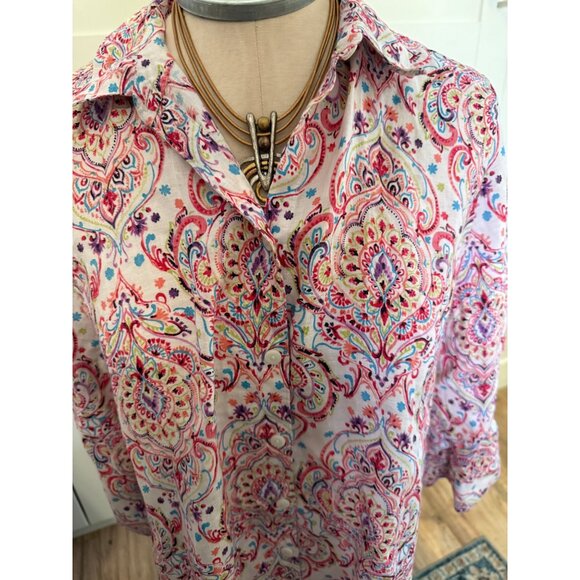 Chicos Linen Paisley Button-Up Shirt Multicolor Lightweight Breathable Lg read - Picture 10 of 11
